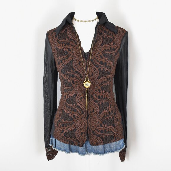 VTG 00s Y2K Kay Celine Black Sheer Mesh Brown Floral Lace Long Sleeve Zip Blouse - Picture 1 of 6